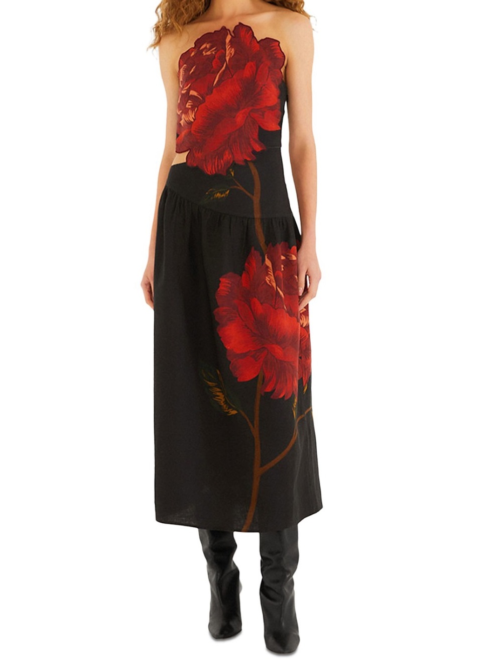 FARM Rio Black Midi Dress with Red Floral Print